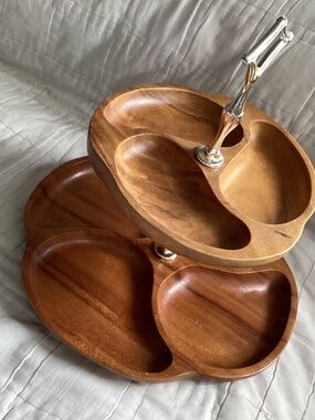 VINTAGE 60s TALARICO TEAK WOOD TWO TIERED SECTIONED ROUND SERVER TRAY